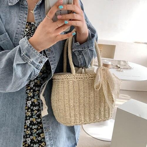 Straw Bag Women Hand-Woven Handbag Moon Shape Lace Bow Rattan Bag Big Capacity Drawstring Casual Beach Shoulder Crossbody Bag
