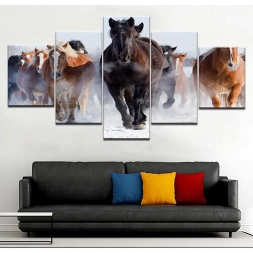 A herd of running horses classic 5 Panel HD Print wall posters Canvas Art Painting For home living room decoration