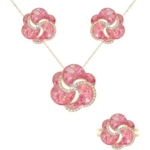 TIRIM Enamel Charms Flower Pendant Set for Women and Girls Necklace Earrings Ring Cubic Zircon Green Pink Purple Color Shell