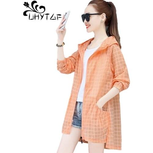 UHYTGF 3XL Plus Size Coat Womens Hooded Breathable Thin Sun Protection Clothing Fashion Lattice Outdoor Summer Tops Jacket 1590
