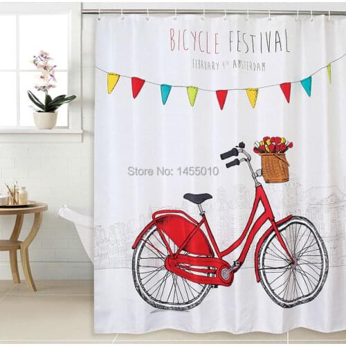 Happy Tree Polyester Bicycle Festival Waterproof Shower Curtain Thicken Fabric Bathroom Curtain Red Bike Bath Curtain