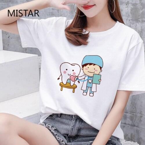New Summer Tooth Dentist Printed Cartoon T Shirt Women Casual White Tops Fashion T Shirt Short Sleeve Graphic Tees Women