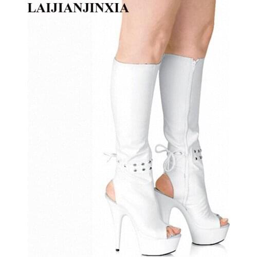 LAIJIANJINXIA New Black/White Motorcycle boots Women Knee High Boots 15cm Super High Open Toe Summer Boots Ladies Platform Shoes