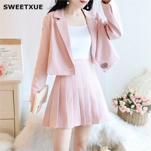 SWEETXUE Solid Color Skirt Set 2020 Autumn New Short Single Button Coat Jacket Pleated Skirt Fashion Sweet Two-Piece Suit Women