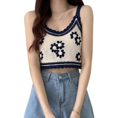 Women Flowers Knitted Camisole Female Sexy Tank Top Summer Short Crochet Top