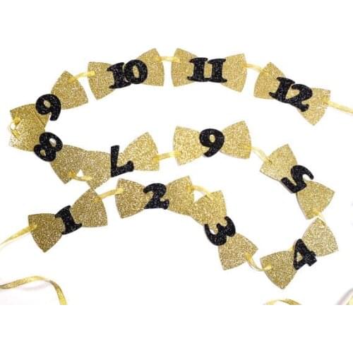 1-12 months Gold and Black bow ties baby shower First Birthday party garlands banners buntings kids photo props