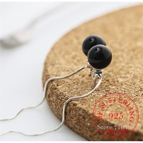 100% 925 Sterling Silver Black Simulated Pearl Pendant Long Drop Earrings for Women Wedding Party Gifts Sterling-silver-jewelry