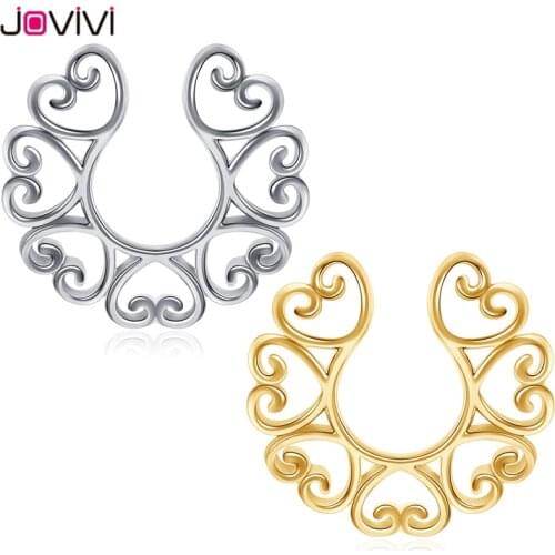 Jovivi 2pcs Stainless Steel Heart Nipple Shields Ring Barbell Fake Non-piercing Clip On Nipple Ring Sexy Body Piercing Jewelry