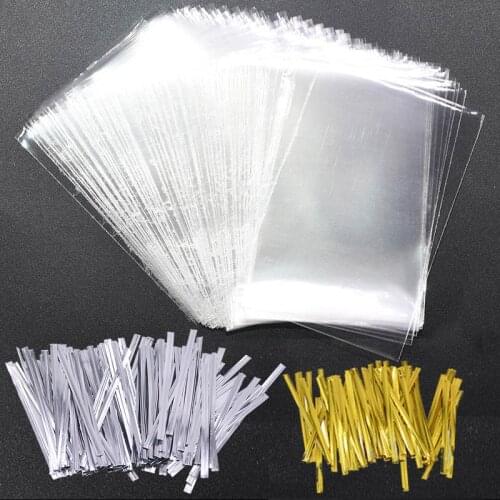 200Pcs Clear Plastic Bag Gold/Silver Ties Set Flat Open Top Gift Bags For Lollipop Candy Cookie Packing Wedding Party Supplies
