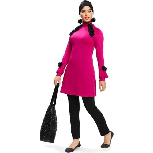 2021 New Fashion Islamic Swimwear Modest Patchwork Hijab Long Sleeve 3 Piece Set Pink Long Sleeve Long Dress Hijab Burkini Gown