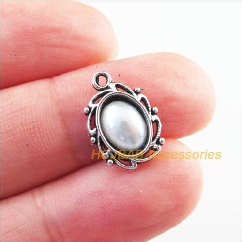 New 30Pcs Tibetan Silver Tone Retro Tiny Oval White Acrylic Charms Pendants 11x15mm