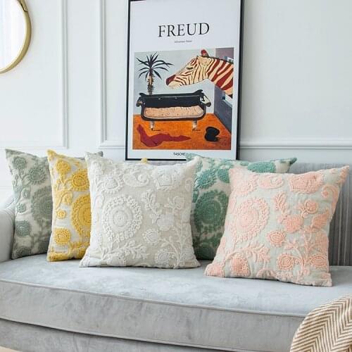 3D Embroidery Flowers Cushion Cover Linen Yellow Green Home Decor Pillow Cover Christmas Gift Sofa Throw Pillow Case 45X45CM