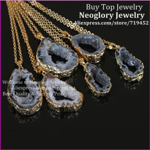 5pcs Gold Color Druzy Stone Pendant Necklace Nature Brown Drusy Stone Slice Pendant Gems Druzy Geode Quartz Pendant Necklace