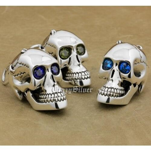 925 Sterling Silver CZ Eyes Skull Mouth Jaw Openable Mens Biker Rocker Punk Pendant 8C113 Just Pendant