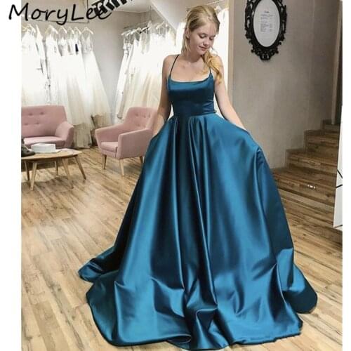 Satin Evening Dresses Scoop Sleeveless Floor Length Sweep Train Cross Back Satin Evening Dresses vestidos de fiesta de noche