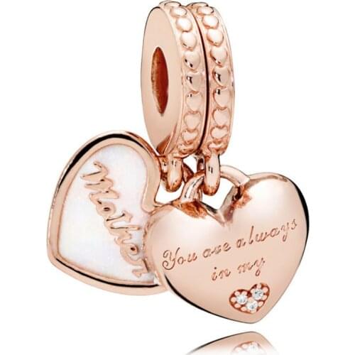 Genuine 925 Sterling Silver Charm White Enamel Rose Mother And Daughter Hearts Beads Fit fashion Bracelet & Necklace Jewelry