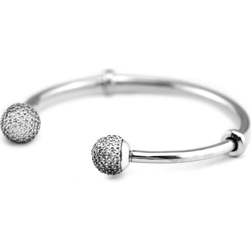 CKK Bracelets Sparkling Pave Open Silver Bangles 100% 925 Original Sterling Silver Jewelry For Women Jewellery Pulseras