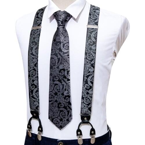 Balck Fashion Paisley Adjustable Y-Back Silk Suspenders Set Neck Tie For Men Party Wedding Y-Shape 6 Clip Suspenders Barry.Wang