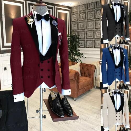 2021 Formal Men Suits Wedding Slim Fit Groom Dress Tuxedo Tailored Oversize Burgundy Blazer Business Jacket Vest Pants 3 Pieces