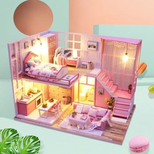 DIY Wooden Light Pink Doll House With Music LED Handmade Craft Miniature Model Building Educational Toys for Kids Birthday Gift
