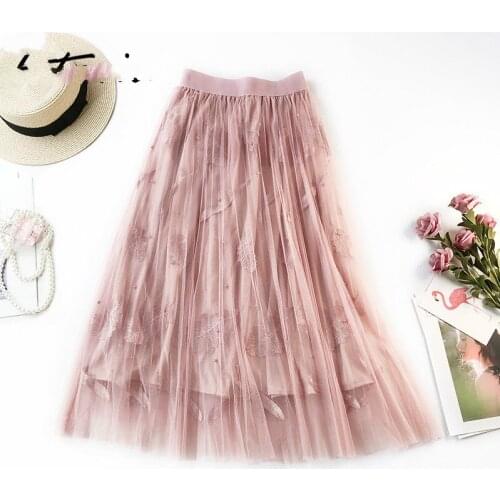 High Waist Long Skirts for Women Woman Elegant Tulle Skirt Embroidered Pink A-line Pleated Skirt Knee Length Skirts 2020