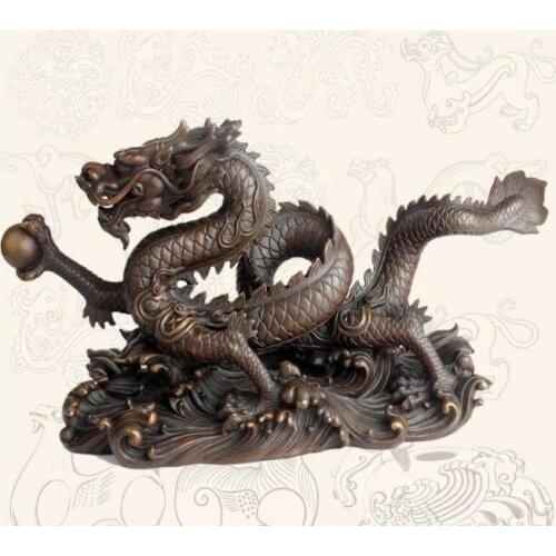 China Bronze Copper Home Decoration Fengshui God Water Dragon Hold Bead Statue