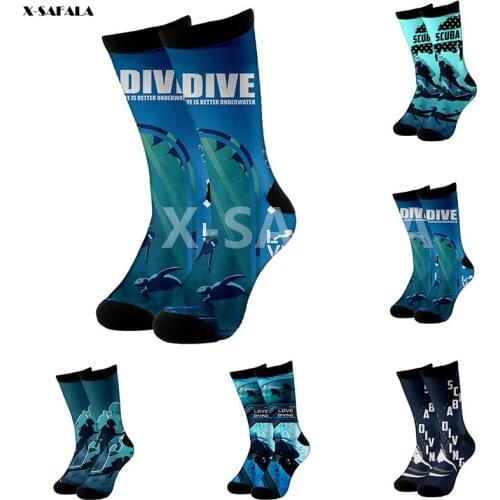 Scuba Diving Art 3D Fashion Long Socks Cycling Casual High Socks Men Women Cotton Funny Colorful Leg Calf Cotton Novelty Socks