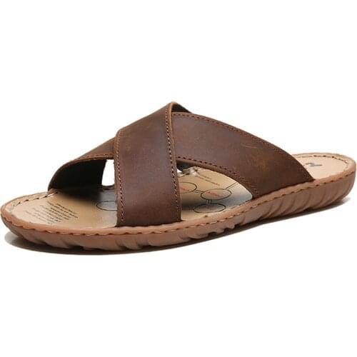 Men Leather Slippers Palm Cross Slides Casual Outdoor Summer Italian Designer Classic Brown Black 2021 New Dropshipping