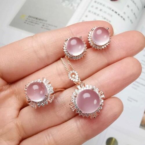 925 New Fashion Full Diamond Luxury Jewelry Set Simulation Hibiscus Stone Adjustable Ring Pendant Necklace Earrings For Women