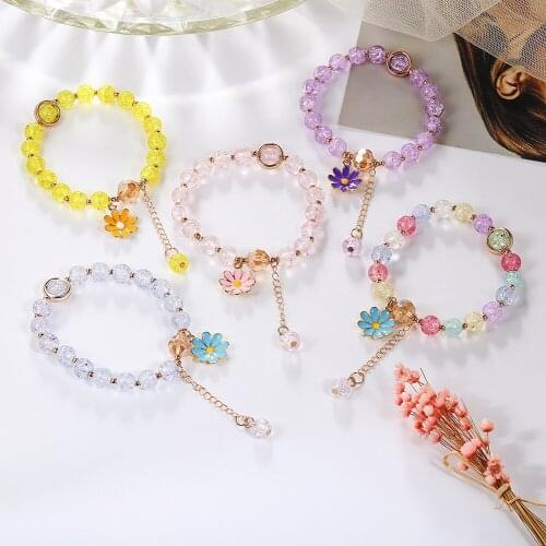 New korean fashion elastic crystal glass beads enamel daisy flower pendant bracelets & bangles for women girl party gift