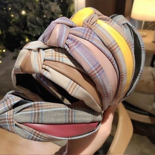 Fashion Plaid Bow Hairband Sweet Colorful Wide Hair Accessories For Women Girls Romantic Splice Leather Hair Band Hoop Jewelry