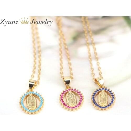 10PCS, Charm CZ Micro Pave Jesus Oval Pendants Necklace Fashion Multi Color CZ Chain Necklace Religious Jewelry