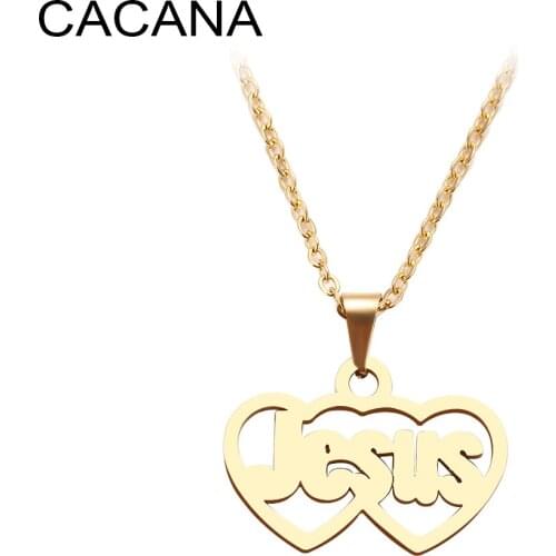 CACANA Stainless Steel Necklace For Women Man Double Heart Jesus Choker Pendant Necklace Engagement Jewelry