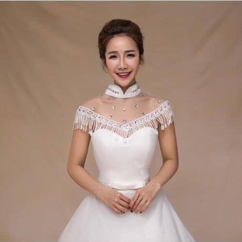 Luxury bridal necklace lace crystal Pearls high-necked Fashion Bridal Jacket Boleros for Wedding Bride Wedding Jacket