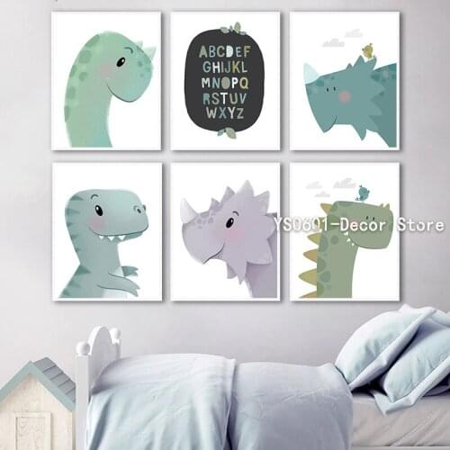 Nordic Cartoon Dinosaur Alphabet Nursery Wall Art Canvas Painting Posters and Prints Pictures Home Living Room Decor (No Frame)