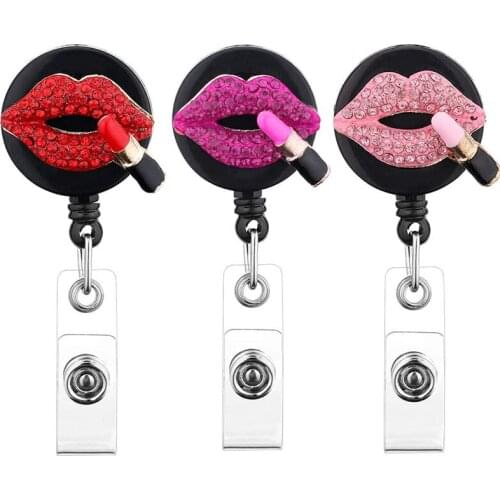 Retractable Badge Reel Holder for Nurse, 24 Inches Retractable Cord Bling Crystal ID Badge Holder with Belt Clip Black - Lips 3