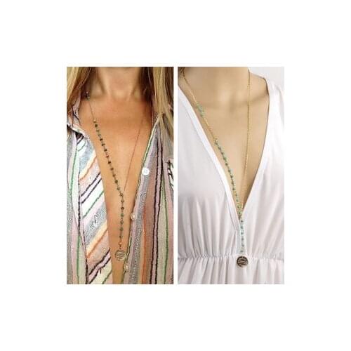 Fashion Jewelry Handmade Beaded Natural Green Stone Long Chain Sweater Metal Sequins Pendant Necklace