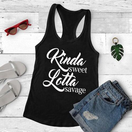 Funny Women Flowy Racerback Gym Workout Tanks Casual Sleeveless Slogan Running Tee Shirt Vest Kinda Sweet Lotta Savage Tank Tops