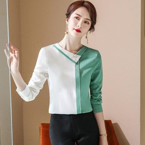Sping Fall Blouses Shirts Elegant Patchwork Long Sleeve Formal OL Styles Women Business Work Wear Ladies Blouse Tops Clothes