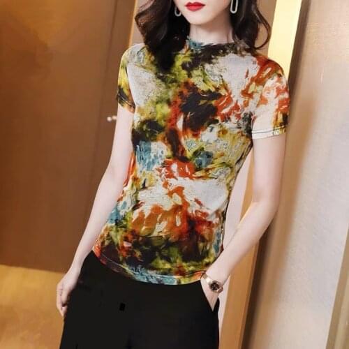 Short Sleeved Bottoming Shirt Floral Ladies Casual T Shirt 2021 New Fashion Half High Collar Elastic Mesh Flower Print Blouse