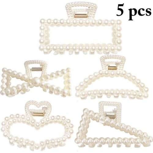 5pcs Women Geometric Hair Claw Clip Vintage Pearl Hair Jaw Clip Hair Claws Crab Clamps Hair Accessories