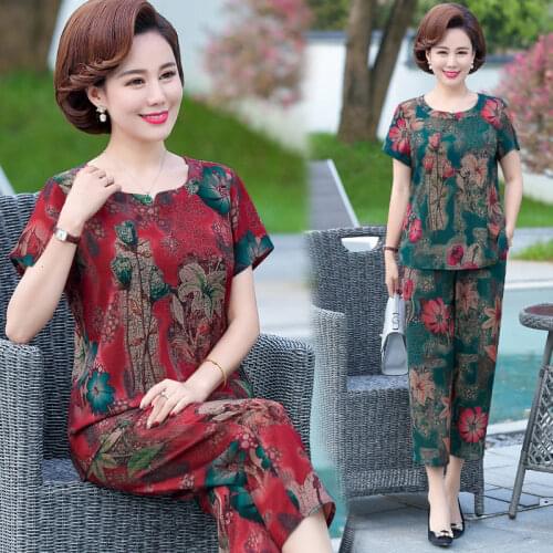 Plus Size Middle Age Women 2 Piece Sets Loose O-neck Casual Flower Print Tops and Wide Leg Pants Suits Fashion Women Sets D93