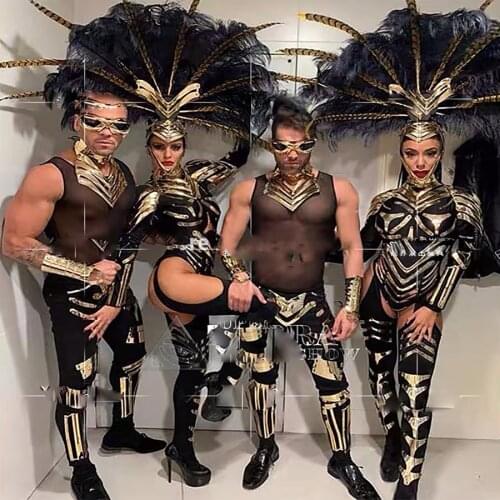 Women men stage show dance wear Sexy black bar business performance costume gogo feather technology costumes