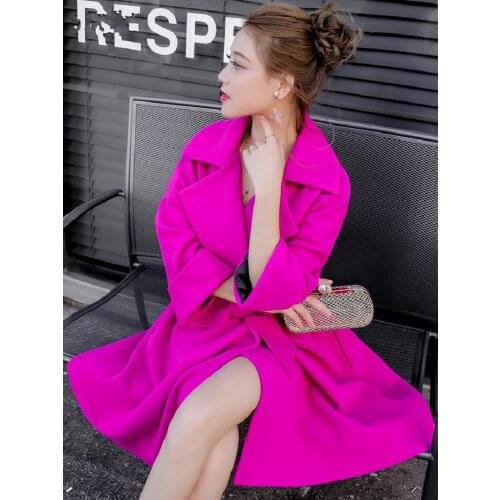Rose Pink Long Wool Coat Women Korean Style Winter Elegant Sashes Work Office Cashmere Woolen Coat Women Casual Oversize Outwear