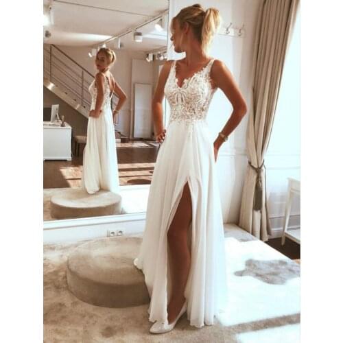 New Womens Sexy Applique Chiffon Split Boho Wedding Dress Vestido De Noiva Robe De Mariee Trouwjurk Hochzeitskleid Bridal Gowns