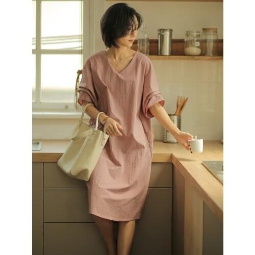 2021 summer new womens wear loose and thin V-neck medium length temperament fish mouth sleeve straight tube dress210587