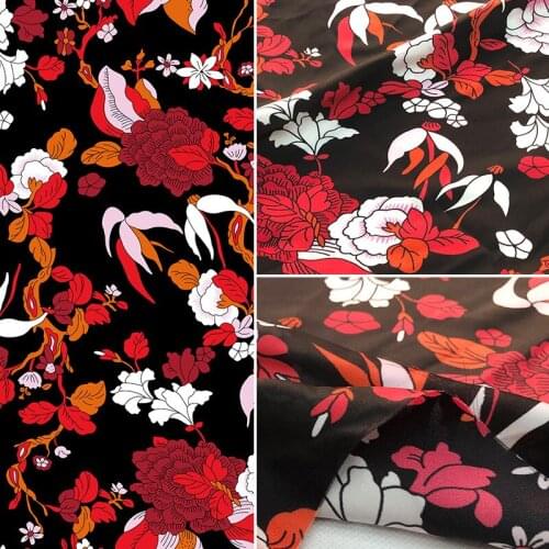 2021 spring and summer new European brand black safflower non-stretch satin high custom digital printing surface fabric in stock