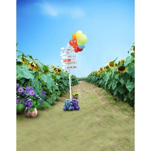 5x7ft Sunflower Purple Flowers Balloon Cute Bear Photography Backdrops Photo Props Studio Background