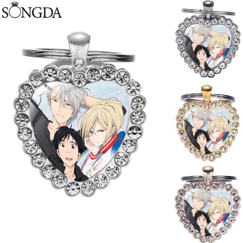 Anime YURI On ICE Round Keychain Victor Nikiforov Yuri Katsuki Plisetsky Cartoon Glass Cabochon Heart Pendant Key Chain Gift
