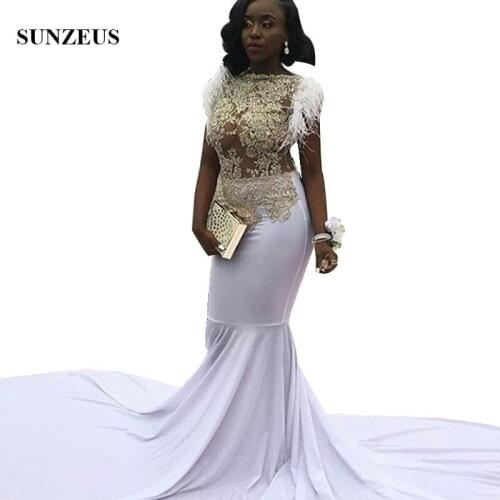 Feathers Cap Sleeves White Prom Dresses With Appliques Illusion Bodice Mermaid Long Train Party Gown African Women vestidos gala